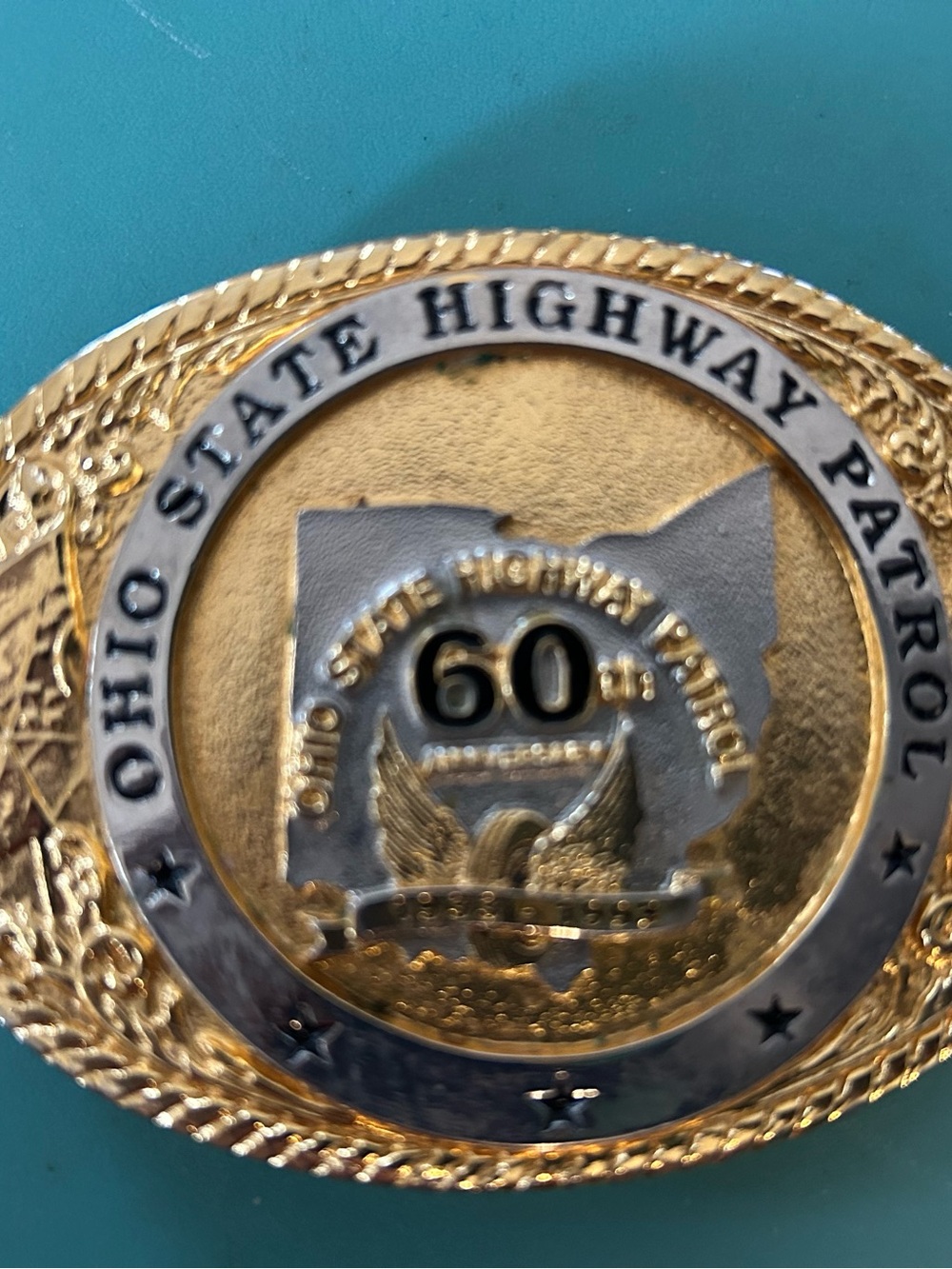 Rare Ohio State Highway patrol 60th anniversary belt buckle. 2” x 4”. Nice meta